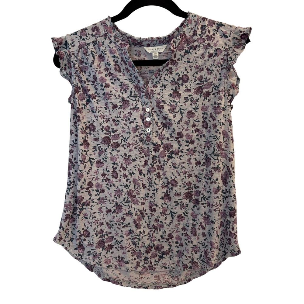Lucky Brand Floral Henley Blouse Purple Ruffle Cap Sleeve Top Cottagecore Small